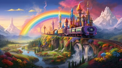 a painting of a train going down a train track with a castle on top of it and a rainbow in the background.