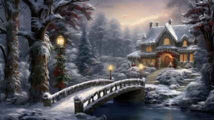 Fototapeta premium a painting of a house in a snowy forest with a bridge leading to it and a lit candle in front of it.
