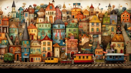 Naklejka premium a painting of a city with a train on the tracks and lots of buildings on the side of the road.
