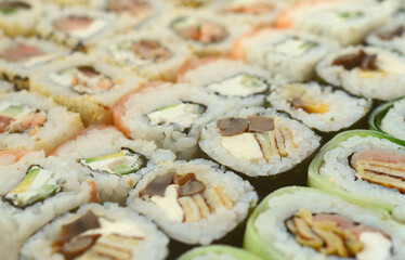 Close-up of a lot of sushi rolls with different fillings lie on a wooden surface. Macro shot of cooked classic Japanese food with a copy space.