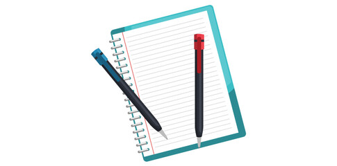 Spiral Notebook And Pen Pointer Writing Tools, School Supplies Vector Illustration.
