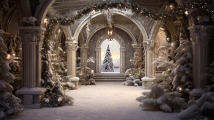  a room with a christmas tree in the middle of it and a staircase leading to another room with a christmas tree on the other side of the room.