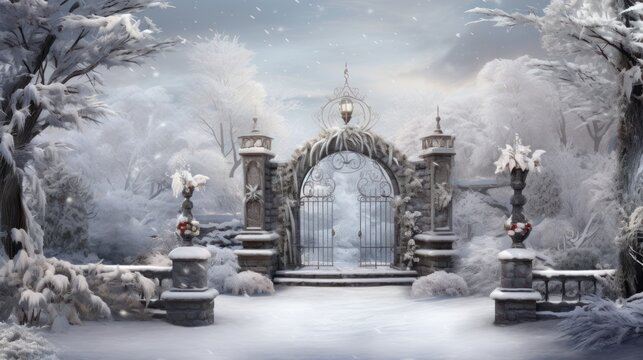  a digital painting of a winter scene with a white door and a snowy path leading to the entrance of a castle.