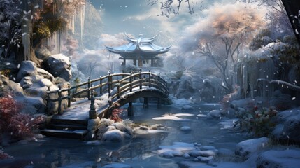 Fototapeta premium a painting of a winter scene with a bridge over a stream and a pagoda in the distance with snow on the ground.