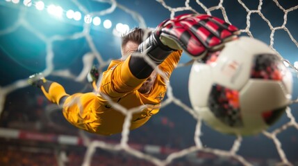 A soccer goalkeeper making a spectacular mid-air save, epitomizing agility and reflexes