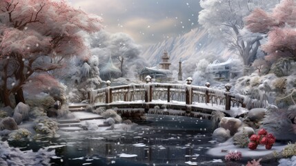 Fototapeta premium a painting of a winter scene with a bridge over a pond and a clock tower in the distance with snow falling on the ground.