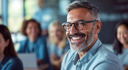 Obraz premium educator holding a business card while smiling with people in a classroom