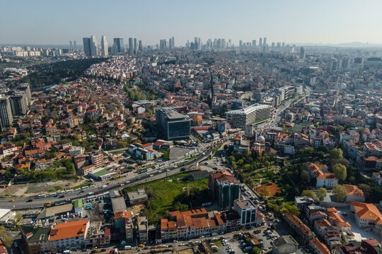 Aerial view of Beyoglu district with tall buildings from a financial district in Istanbul downtown, Turkey.