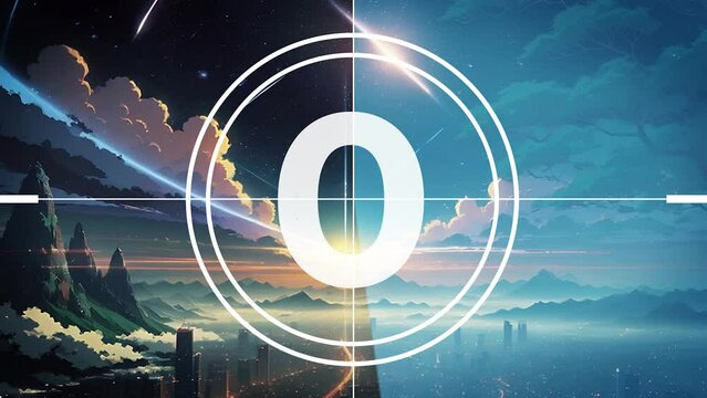 Countdown movie from 5 to 0 number. Countryside mountains landscape at night. Ray of light from the sky, high mountains and beautiful starry sky. AI-generated background