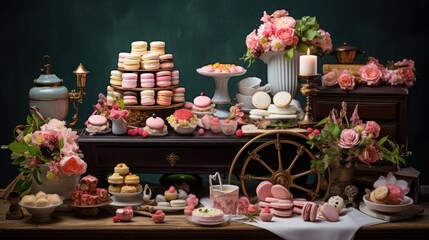  a table topped with lots of desserts and pastries next to a vase of flowers and a vase of flowers.