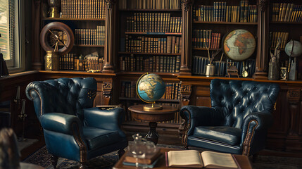 Antique leather chairs, vintage globes, and metal pipe bookshelves for a literary adventure in style.