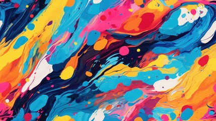  an abstract painting of multicolored paint splattered on the surface of a large body of water with a blue, yellow, red, orange, pink, yellow, and black, and white paint spatula.
