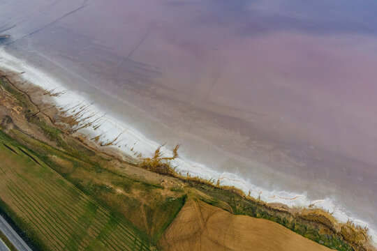 Aerial top down view of Lake Tuz (Tuz Golu) coastline, one of the largest hyper saline lake in the world, Central Anatolia, Ankara, Turkey.