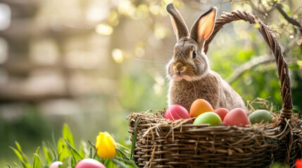 Fototapeta na wymiar Cute Easter bunny with colorful eggs over spring nature background