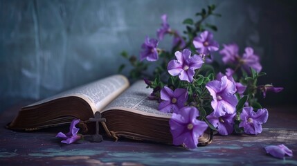 Artistic arrangement of purple flowers, ash cross, and a bible for Ash Wednesday, delicate and...