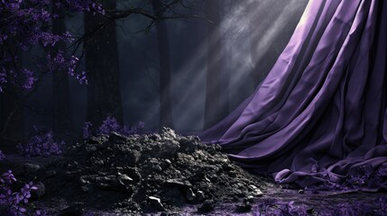 Smoldering Ash Pile with Purple Cloth for Ash Wednesday. Artistic rendering of a smoldering ash pile, symbolic for Ash Wednesday, with a purple cloth draped in the background - obrazy, fototapety, plakaty