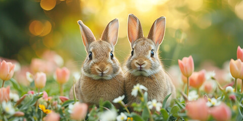 Fototapeta na wymiar Easter bunny rabbit with flowers Generative AI.