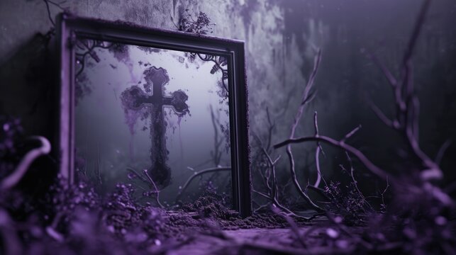 Surreal Ash Wednesday Mirror with Purple Cross Reflection. A thought-provoking surreal composition Ash Wednesday, ornate mirror reflecting a purple sky and an ash cross