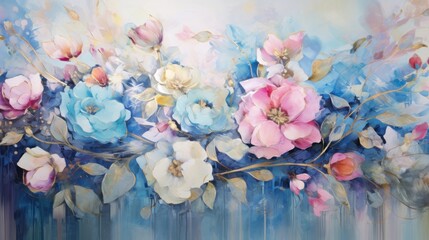  a painting of blue, pink, and white flowers on a blue and white background with gold leafy stems.
