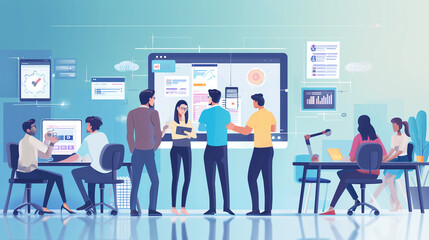 アプリ開発の開発者チーム イラスト_青色
Developers team illustration. Working on mobile/web application development. Blue theme.  [Generative AI]