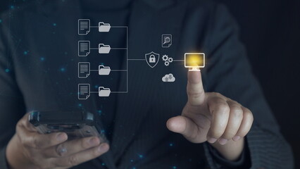 IT staff working with Document Management System (DMS), online documentation database and process automation to efficiently manage files, Corporate business technology.