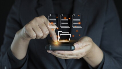 Document Management System (DMS), online documentation database and process automation to efficiently manage files, knowledge and documentation in enterprise with ERP. Corporate business technology.