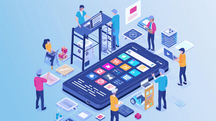 アプリ開発の開発者チーム イラスト_青色
Developers team illustration. Working on mobile/web application development. Blue theme.  [Generative AI]