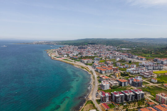 Aerial view of Lapseki, a small town along the coast on Dardanelles Strait, Canakkale, Turkey.
