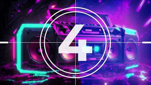 Countdown movie from 9 to 0 number. Countdown for music video, music boombox in neon colors. AI-generated background