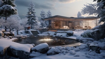  a winter scene of a house with a fountain in the foreground and snow covered rocks in the foreground.