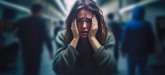 Depression and panic attack of young woman on public. Postproducted generative AI illustration.	
 - obrazy, fototapety, plakaty