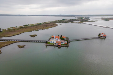 Aerial view of Saint Nicholas Orthodox monastery in Nestos National park along Lake Vistonida, East Macedonia and Thrace, Greece.