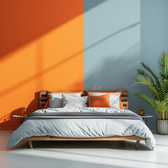 Bed placed against a lively orange and blue wall with available copy space. Reflecting minimalist interior design in a contemporary bedroom 