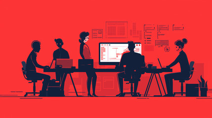アプリ開発の開発者チーム イラスト_赤色
Developers team illustration. Working on mobile/web application development. Red theme.  [Generative AI]