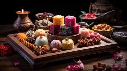  a close up of a tray of food on a table with a candle and bowls of food in the background.