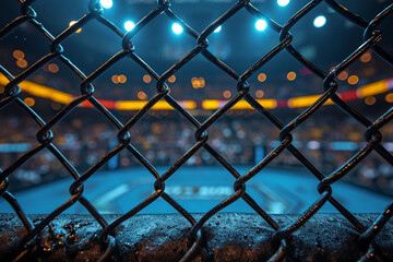 Fototapeta premium Distant clean front view of an audience of MMA seen from the inside of a MMA cage.