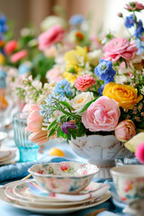 Obraz na płótnie Canvas Easter served table with flowers. Selective focus.