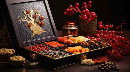  a wooden box filled with lots of different types of fruits and veggies next to a vase with a deer on it.