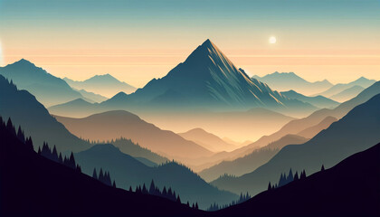 Flat 2D vector illustration background of a mountain peak view landscape with soft light from sunrise.