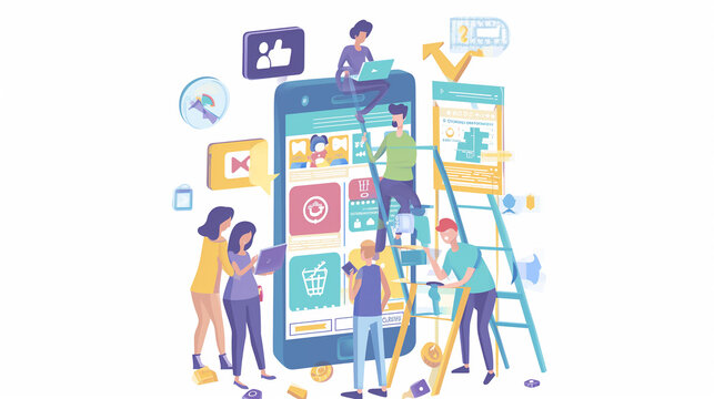 アプリ開発の開発者チーム イラスト
Developers team illustration. Working on mobile/web application development. [Generative AI]