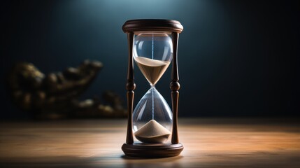 an hourglass sitting on a wooden table in front of a dark background with a light shining down on it.