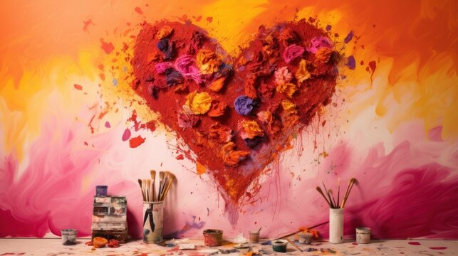  a painting of a red heart surrounded by paintbrushes and other art supplies on a pink and orange background.