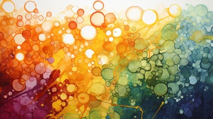  a multicolored painting of bubbles on a white background with a green, yellow, red, blue, and orange color scheme.