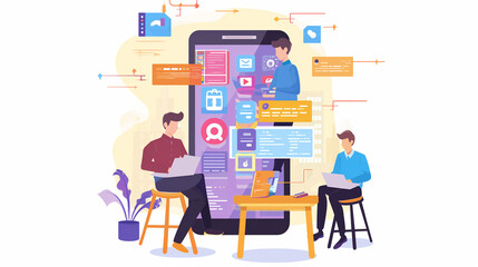 アプリ開発の開発者チーム イラスト
Developers team illustration. Working on mobile/web application development. [Generative AI]