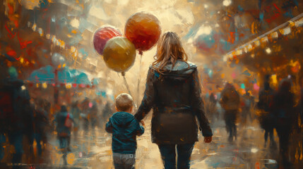 Fototapeta na wymiar 16:9 or 9:16 oil painting Mother walks hand in hand with child holding balloons to an amusement park on Mother's Day.for greeting cards Background or other printing work.