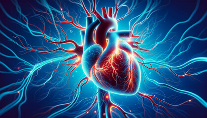 A stylized human heart with veins, arteries, and blood vessels on a blue background.
