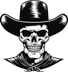 Skull in a cowboy hat, cowboy skull, skull in hat, Western illustration, Vector illustration	