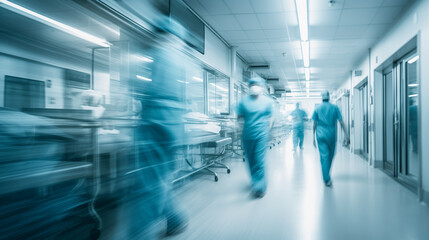 Inside a hospital, a staff member is seen walking, their form captured in a blurred motion, generative ai