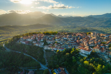 Aerial view of Nusco, a small town on the mountains in Irpinia, Avellino, Italy.
