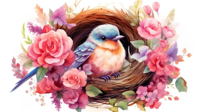  a watercolor painting of a bird in a nest with pink and purple flowers on the side of the nest.